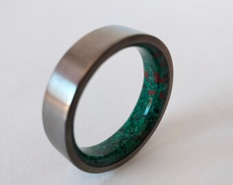 Titanium ring, Raw red Jaspe stone , Malachite stone, His and hers, Wedding band, Mens wedding band, Womens wedding band, Unique boho style