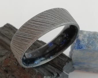 Handmade Damascus Steel Ring: Tourmaline Lapis Lazuli Band