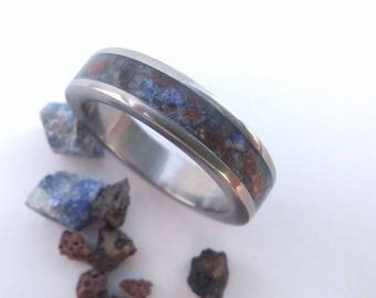 Titanium Ring: Raw Lapis Lazuli & Lava Rock Unisex Band