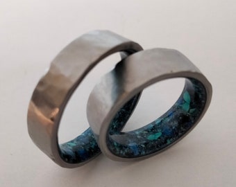 Titanium Wedding Band Set: Lapis Lazuli & Turquoise Stone Rings