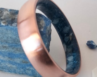 Copper Ring: Anniversary gift, Raw Lapis Lazuli & Abalone Shell Inlay, Boho Wedding Band