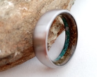 Petrified wood, Turquoise stone, Mather of pearl, Unique wedding ring, Raw stone, Titanium engagement band, Natural rings, Fossil wood ring