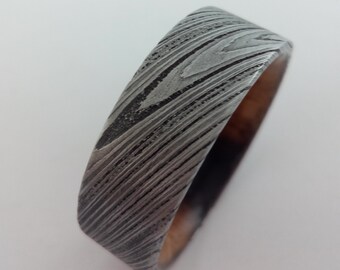 Unique mens wedding band, Damascus steel ring, Wedding band, Damascus ring, Whiskey barrel wood, Bourbon wood ring, Wooden ring for men