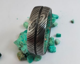 Damascus Steel Wedding Band: Raw Turquoise Inlay, Artisan Ring