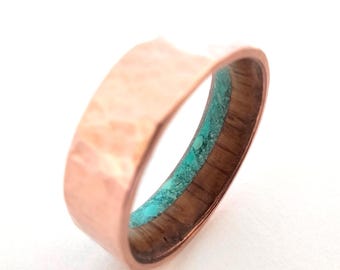 Copper Wedding Ring With Turquoise Inlay and whiskey barrel wood