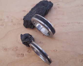 Titanium Wedding Band Set: Raw Black Tourmaline Stone Rings