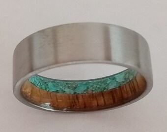Turquoise Raw Stone Titanium Wedding Band with White Oak Wood