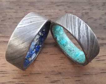 Damascus wedding bands for his and hers, Raw natural Lapis lazuli stone, Raw natural Turquoise stone, Blue stone, Green stone, Crystal ring