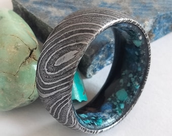 Handmade Damascus Steel Ring: Ironwood, Lapis Lazuli & Turquoise Wedding Band