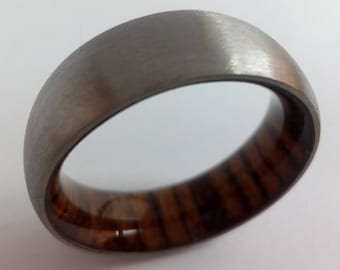 Brushed Titanium Mens Wedding Ring: Bocote Wood Inlay, Waterproof