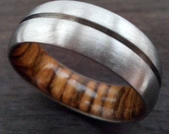 Brushed Titanium Wedding Ring: Bocote Wood Inlay, Unisex Band