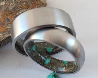 Raw Stone Engagement Ring Stone Wedding Band His and Hers Wedding Rings Matching Wedding Bands Raw Turquoise Stone Petrified wood rings
