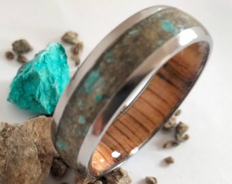 Mens titanium wedding band, Petrified wood, Turquoise stone, White Oak wood, Mens engagement rings, Womens promise band, Anniversary gift