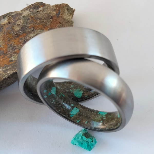 Raw Stone Engagement Ring Stone Wedding Band His and Hers Wedding Rings Matching Wedding Bands Raw Turquoise Stone Petrified wood rings