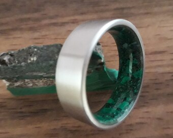 Titanium Wedding Band: Raw Malachite Stone Inlay, Mens Ring