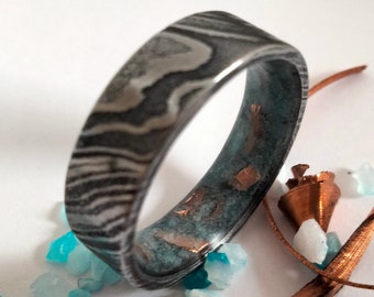 Damascus Steel Ring: Aquamarine Stone, Recycled Copper Inlay, Handmade