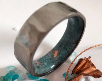 Rustic Hammered Titanium Ring: Aquamarine & Copper Flake Inlay