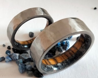 Couples wedding bands, Two hipoallergenic titanium bands, Engagement rings, Promise band his and hers, Set Hammered band and Round band
