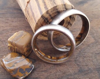 Titanium Wedding Band Set: Bocote Wood & Tiger Eye Stone Rings