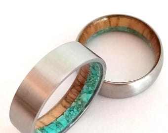 Gift for mens, Unique wedding rings, His and hers promise bands, Matching proposal bands, White Oak wood, Turquoise stone