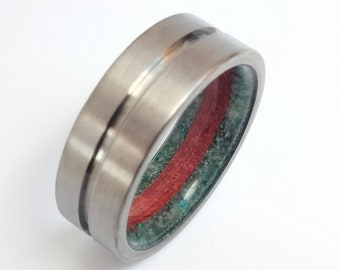 Unique mes wedding band, Mahogany wood, Natural green Jade stone, Original womens rings, His and hers band, Titanium engagement band, Unisex