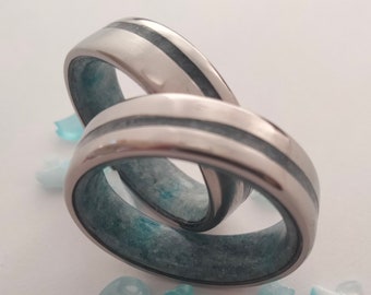 Titanium Wedding Ring Set: Aquamarine Crystal, His and Hers