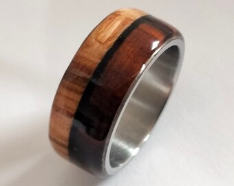 Mans wedding band, Gift for dad, 7mm Engagement rings, Stone rings for womens, Gift for girlfriend, Olive wood, Tourmaline stone, Iron wood