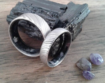 New 5mm Round band and 8mm Square band, Matching Damascus steel ring, Black Tourmaline and Amethyst inside, His and hers Set Rings