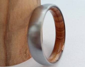 Titanium Wedding Band: Olive Wood Inlay, Curved Ring, His and Hers