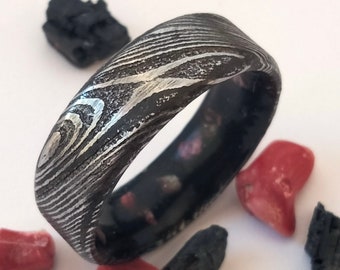 Damascus Steel Wedding Band: Beveled Edges, Black Tourmaline & Red Coral