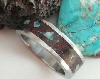 7mm Raw stone ring, Titanium ring mix stone, Volcanic Rock, Green Turquoise, Titanuim band mosaic stone, Natural raw stones rings, Mens band