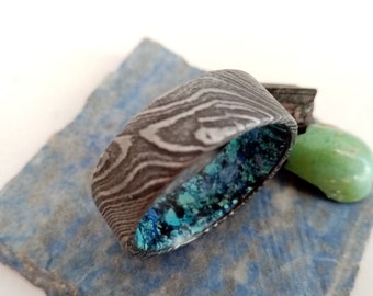 Damascus steel ring band, His and hers stone wedding rings, Mix stones, Black Toumaline, Blue Lapis lazuli and Green Turquoise stone rings