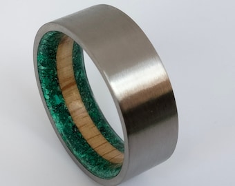Malachite stone ring, White Oak wood, Raw stone, Wooden ring, Green stone, His and hers band, Titanium wedding band, Mens engagement ring