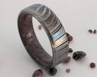 Raw Garnet Damascus Steel Ring: Handmade Wedding Band