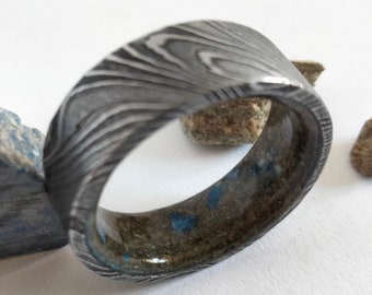 Damascus Steel Wedding Band: Petrified Wood & Lapis Lazuli Ring