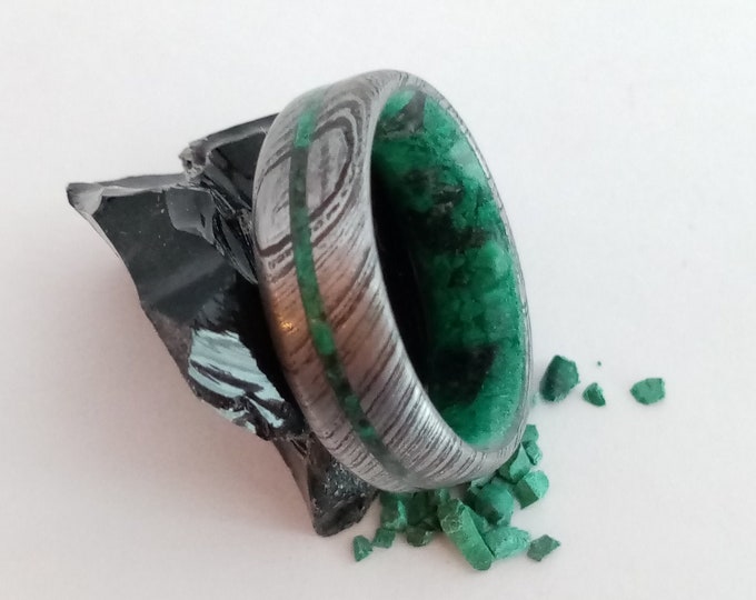 Featured listing image: Unique Damascus ring, Raw Malachite stone, Raw Obsidian stone, Mens wedding band, Womens wedding band, Damascus steel ring, Wedding ring