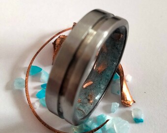 Recycled material ring, Pieces of recycled copper, Aquamarine natural stone, Matte finish titanium band, Men's ring, Women's ring, Raw stone