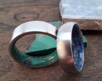 Unisex rings, Silver titanium rings with stone, Couples wedding rings Square band Malachite stone 8mm Round band Lapis lazuli stone 6mm