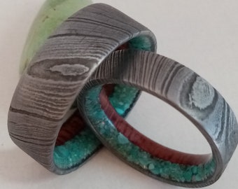 Handmade Damascus Steel Ring: Turquoise, Purple Heart Wood Band