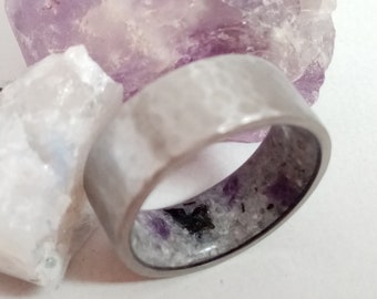 Hammered Titanium Ring: Amethyst & Moonstone, His and Hers Wedding Band