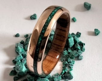 Bronze anniversary gift, Bronze ring, Unique holiday gift for womens or mens, Unisex christmas gift, Green Malachite stone and white Oak
