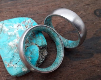 Turquoise wedding rings, Rings set his and hers, Titanium Engagement rings, Two rings, Mens Promise bands, His and hers Ring, Round band