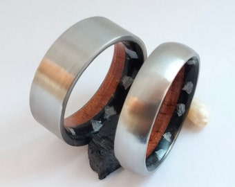 Two rings, Womens rings, Matching wedding bands, Redwood rings, Black Tourmaline stone, Natural White Pearl, Engagement bands, Promise rings