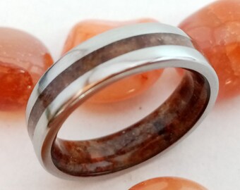 Carnelian Stone Titanium Ring: Unisex Beveled Band