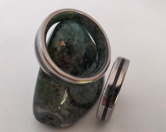 Moss Agate Titanium Wedding Ring Set: His & Hers Engagement Bands