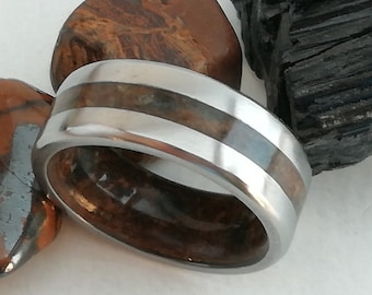 Tiger Eye & Black Tourmaline Titanium Ring - Raw Stone Wedding Band
