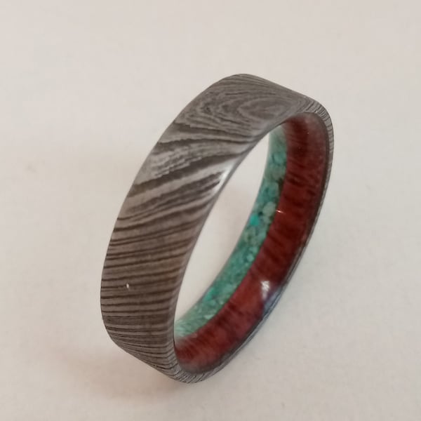 Damascus ring, Stone ring, Mens wedding band, Turquoise stone and Purple heart wood, Damascus wedding bands, Male engagement ring, 7mm band