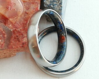 Titanium Wedding Band Set: Raw Lapis Lazuli & Fire Opal Rings