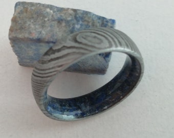 Male rings, Mens or womens jewelry rings, Damascus steel, Wedding ring his and hers, Lapis lazuli, Unique mens ring, Unique womens ring