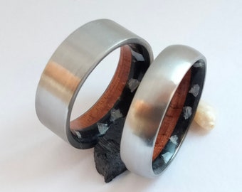 California Redwood, White Pearl, Tourmaline raw stone, Titanium wedding band, His and hers ring, Two rings, Mens wedding band, Wooden rings